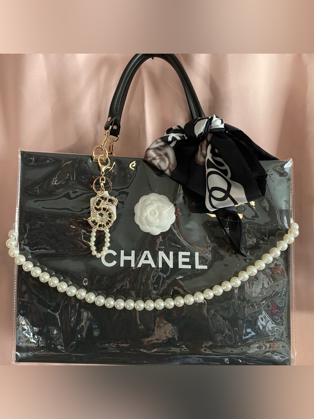 CHANEL Black Patent PVC Shopping Bag with Pearl Handle Accent large tote - Picture 2 of 4